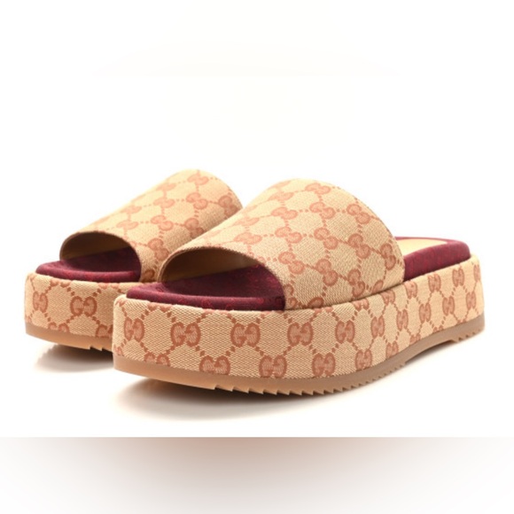 Gucci Canvas GG Monogram Angelina Platform Slide Sandals Size 38 - Picture 1 of 6